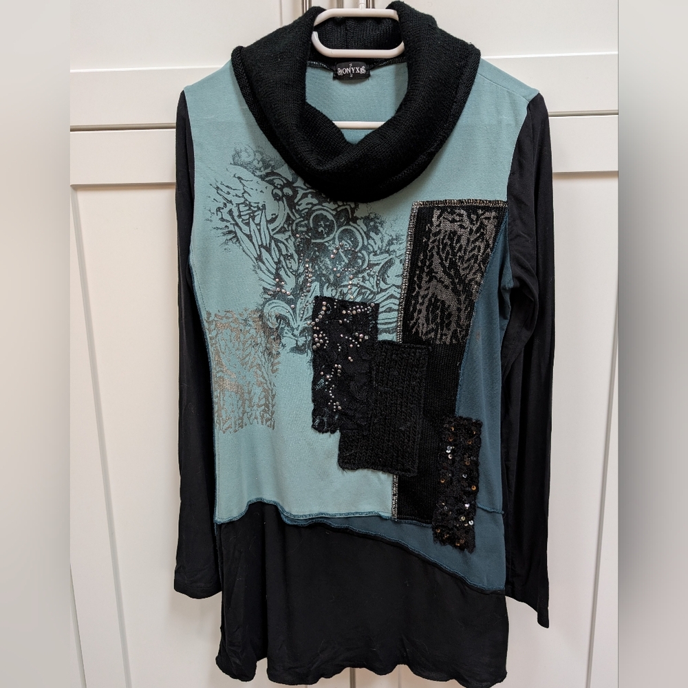 Onyx Black+Teal Cowl Neck Tunic